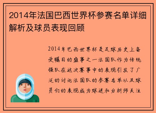 2014年法国巴西世界杯参赛名单详细解析及球员表现回顾