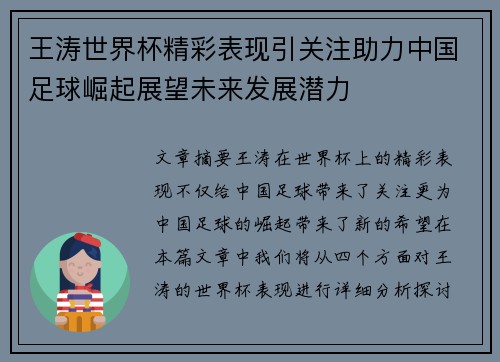 王涛世界杯精彩表现引关注助力中国足球崛起展望未来发展潜力