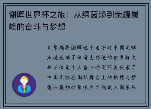 谢晖世界杯之旅：从绿茵场到荣耀巅峰的奋斗与梦想