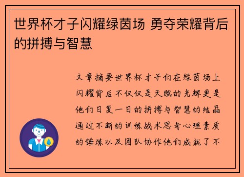 世界杯才子闪耀绿茵场 勇夺荣耀背后的拼搏与智慧