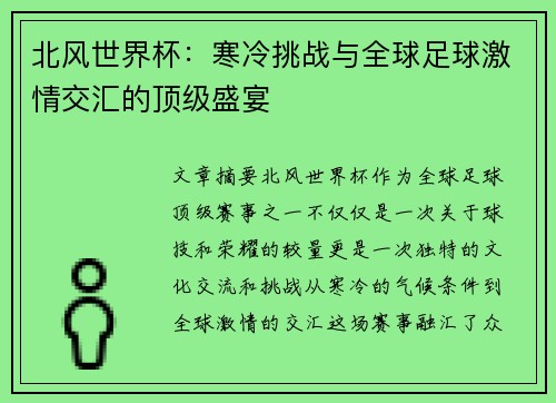 北风世界杯：寒冷挑战与全球足球激情交汇的顶级盛宴